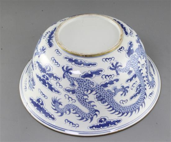 A large Chinese blue and white dragon bowl, diameter 38.5cm